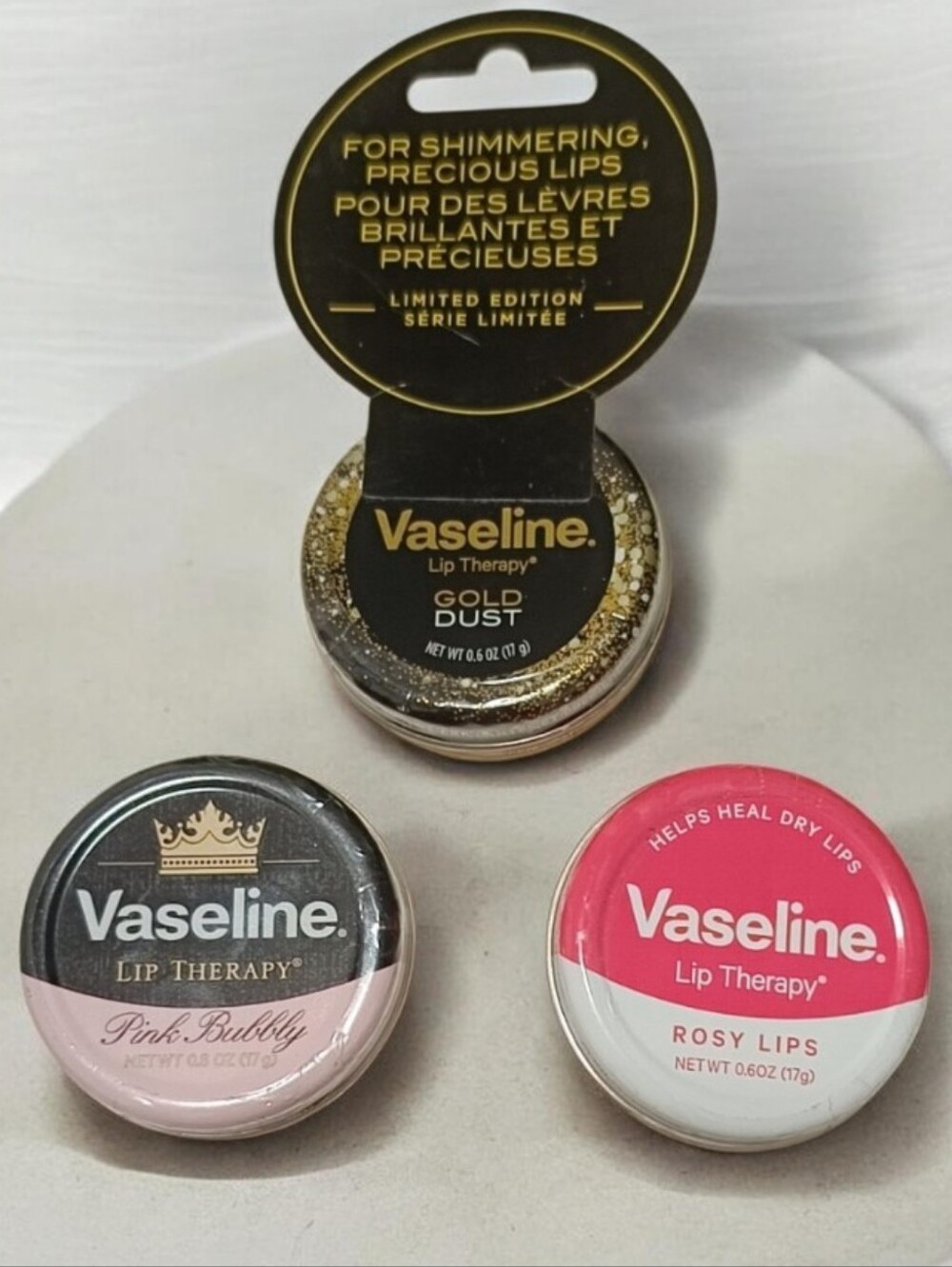 Vaseline Lip Therapy Moisturizer Trio - Gold Dust, Pink Bubbly & Rosy Lips